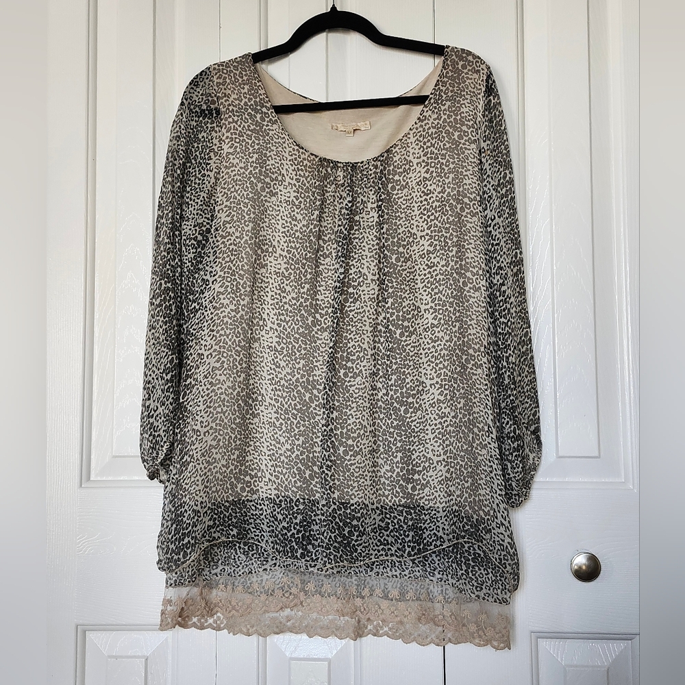 Made In Italy 100% Silk Animal Print Top with Lace Hem, Women Size M